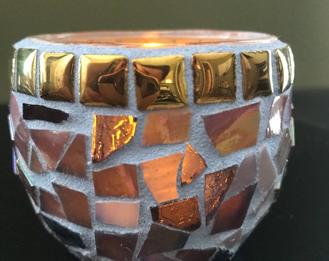 Stained glass mosaic tea light holder in purple and gold