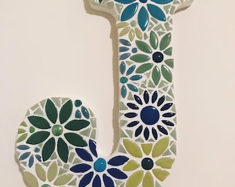 Mosaic letter J in greens and blues.  I have more letters coming. If you have a specific letter in mind just message me.