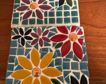 Multicolored floral mosaic drink coasters. Set of 2