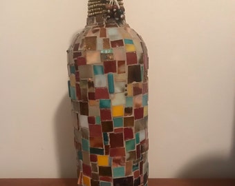 Stained glass lighted mosaic bottle in southwestern earth tones