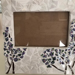 Beautiful mosaic photo frame with purple flowers and white background. Holds 3.5x5.5 photo.