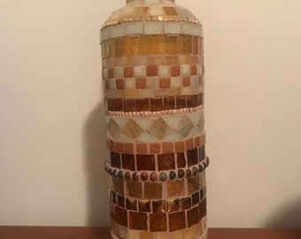 Stained glass lighted mosaic bottle in earth tones