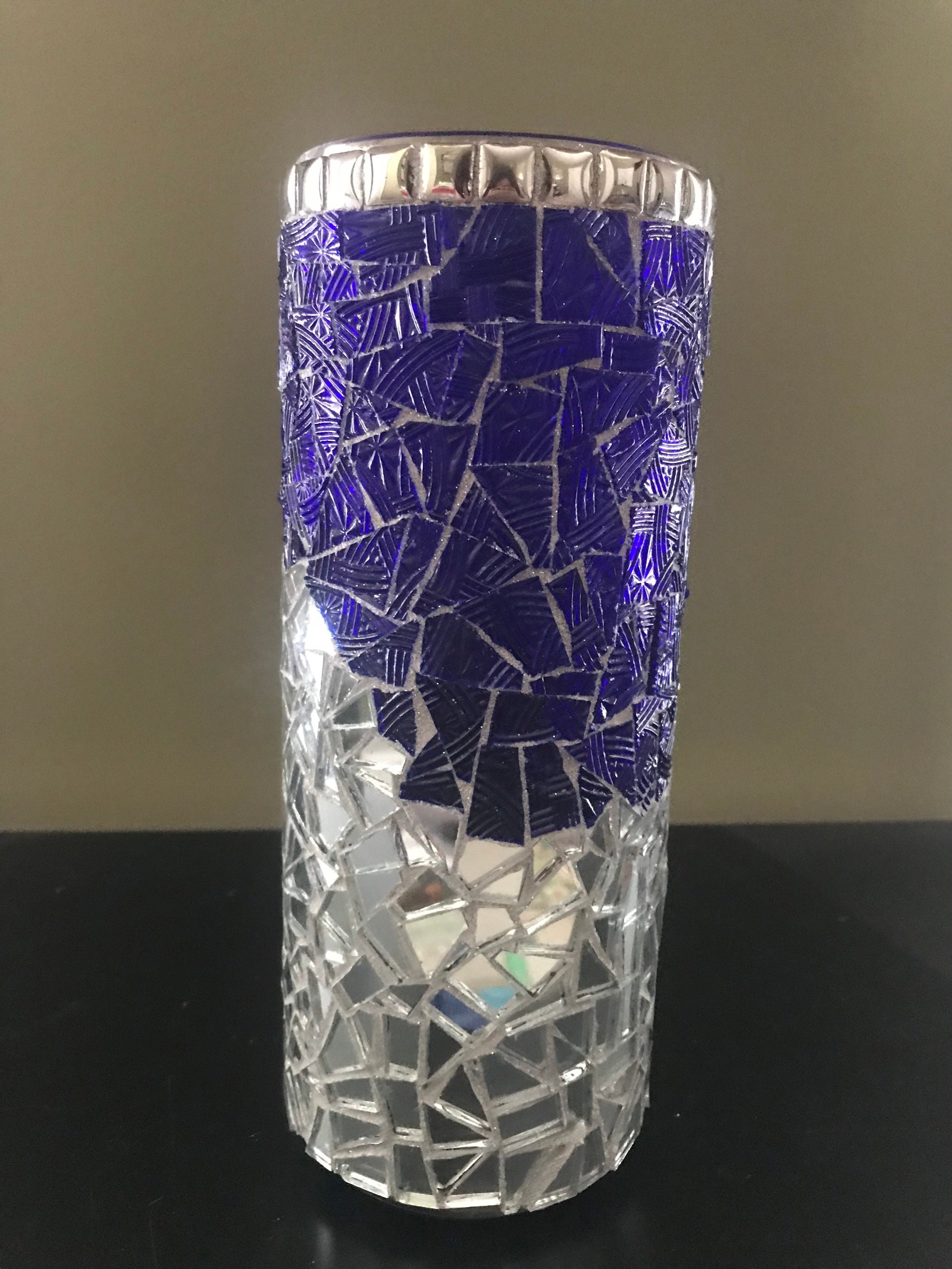Blue and silver mirror mosaic pillar candle holder or vase Etsy
