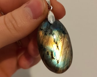 Flash Golden Blue Labradorite Pendant - Stainless Steel Bail - 3.4 cm