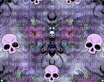 Goth Moth Hibiscus seamless pattern, PNG 300dpi for DTF transfers, vinyl, fabric, No AI Used, skulls, flowers, skull butterfly