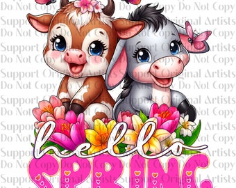 Hello spring, kids children's designs, flowers, cow, donkey, butterflies, PNG 300 dpi for decals, DTF transfers, tumblers, t-shirts gifts