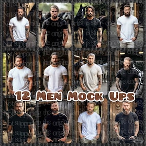 12 Hot Rugged Guys Product Mock Up Images Jpg 300 dpi for displaying designs for DTF, tumblers, t-shirts, dtf, fabric 12x12&quot; each