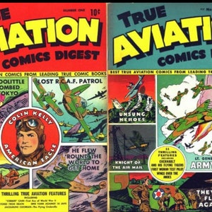 Könnte beinhalten: Zwei Vintage-Comic-Cover mit Illustrationen von Flugzeugen und Piloten. Die Cover sind rot, gelb und blau mit dem Titel "True Aviation Comics Digest". Das erste Cover zeigt einen Piloten namens Colin Kelly und das zweite Cover zeigt einen Piloten namens Lt. General Henry Arnold.