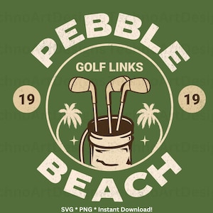 Op de afbeelding: Een vintage-stijl logo voor Pebble Beach Golf Links. Het logo toont een golftas met clubs, palmbomen en de tekst "Pebble Beach Golf Links" en "19".