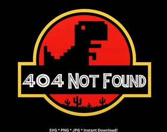 Lustig 404 Fehler Dino SVG, Jurassic Park Parodie, Geek Humor PNG, Retro Pixel Art Clipart für T-Shirts, Web Entwickler Geschenk, Coder Humor