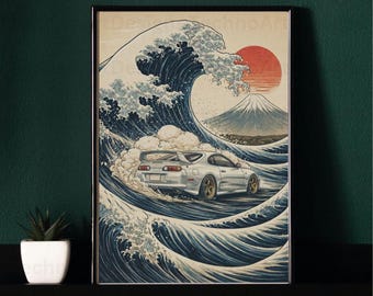 Große Welle vor Kanagawa Supra Zen Print, Hokusai japanische minimalistische Auto Wandkunst, JDM Ukiyo-e Poster, Japandi Automobile Dekor Download