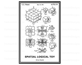 Rubiks Cube Patent Print, räumliches logisches Spielzeug, Rubik Spiel Jpg Jpeg Wand Kunst Dekor Geschenke für Home Office Mann Höhle Sofortiger digitaler Download