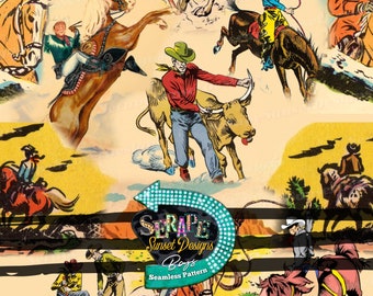 Patrón sin costuras de vaquero vintage del oeste, inspirado en el rodeo con un estilo vintage para productos: tela, impresión a pedido - Western Boutique Crafter