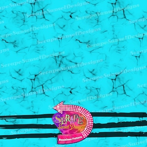 May include: A turquoise blue background with a cracked, marble-like texture. A pink, orange, and purple sign with the text "SERAPE Sunset Designs" and a white arrow pointing to the left. The sign is surrounded by white rhinestones. Three black stripes are at the bottom of the image.