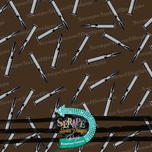 Puede incluir: Un patrón sin costuras con un fondo marrón con un diseño repetido de balas plateadas. El patrón también incluye un letrero turquesa y blanco con el texto "SERAPE Sunset Designs Boys Seamless Pattern".