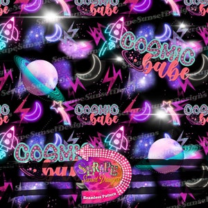 May include: A seamless pattern featuring a black background with neon pink, blue, and purple accents. The pattern includes a rocket, planets, stars, lightning bolts, and the text "COSMIC babe".