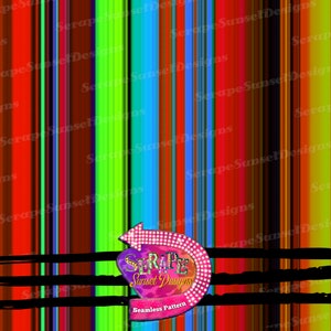 Op de afbeelding: Een kleurrijk gestreept patroon met een roze en witte pijl die wijst naar een roze hart met de tekst "SERAPE Sunset Designs" en de woorden "Seamless Pattern" eronder.