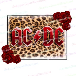 Puede incluir: Logotipo rojo "AC/DC" sobre un fondo de estampado de leopardo con rosas rojas en las esquinas.