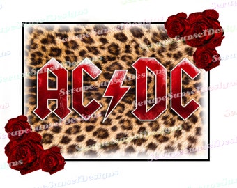 May include: Red "AC/DC" logo on a leopard print background with red roses in the corners.