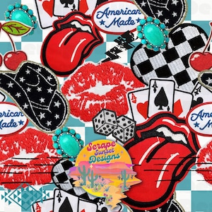 May include: A colourful and playful pattern featuring various patches, including a red tongue, lips, a cowboy hat, dice, playing cards, and a chequered heart. The background is a blue and white chequered pattern. The text "American Made" and "Serape Sunset Designs" are also included in the design.