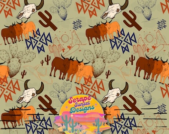 The Heard- Cattle- Aztec - Western Seamless Pattern, Fabric Pattern