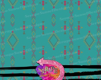 May include: Seamless pattern design with turquoise background and geometric shapes in pink, yellow, and brown. The design includes diamond and arrow shapes. The Serape Sunset Designs logo is in the lower right corner.