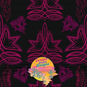 May include: A black and pink digital design featuring a repeating pattern of stylized leaves and a logo that says "Serape Sunset Designs".