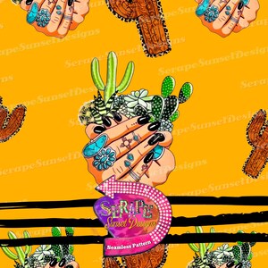 May include: Seamless pattern featuring hands with black nail polish, turquoise rings, and holding cacti. The design includes a retro arrow sign with the text "Serape Sunset Designs" on a yellow background.