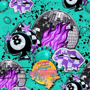 May include: A turquoise background with a variety of colorful patches, including a purple flame, a disco ball, a purple lip, a turquoise stone, and a black and white 8-ball with a spade design. The text "Serape Sunset Designs" is in a yellow circle with a desert scene.