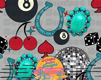 The Wild Card Seamless Pattern, Disco Ball, Ace Of Spades, Western Cards, Cowgirl Hat, Cactus, Sparkles, Red Squash Blossom, Cattle Scene