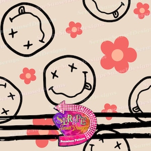 May include: A seamless pattern featuring black and white smiley faces with a cross for eyes and a tongue sticking out. The background is a light beige colour with pink flowers.