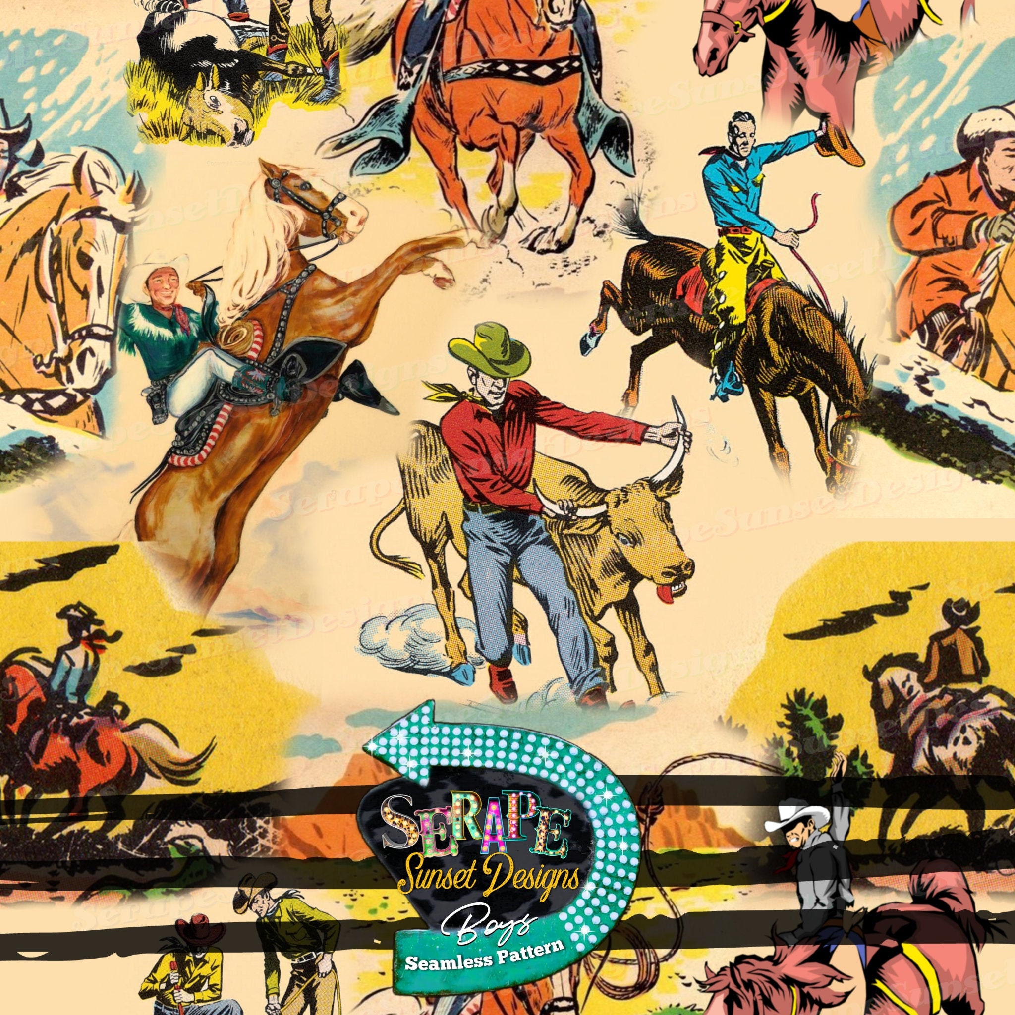 Western Vintage Cowboy Seamless Pattern Boys Fabric Pattern Etsy