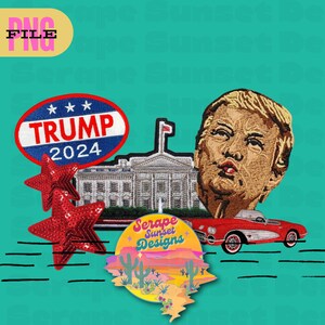 Puede incluir: Un parche bordado rojo, blanco y azul con el texto "TRUMP 2024" y tres estrellas. Un edificio blanco con un techo rojo y un asta de bandera. Un parche bordado rojo, blanco y azul de la cara de un hombre. Un coche rojo y blanco con una franja negra. Un parche bordado redondo y colorido con el texto "Serape Sunset Designs" y una escena del desierto.