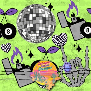 May include: A green background with a variety of retro-themed illustrations, including a disco ball, a lighter, a cherry, a checkerboard heart, a skeleton hand, and a cactus landscape with the text "Serape Sunset Designs".