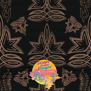 May include: A black background with a repeating pattern of brown geometric shapes. A circular logo with the text "Serape Sunset Designs" is in the center of the image.
