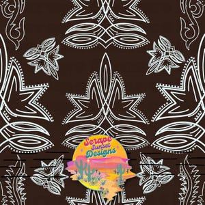 Puede incluir: Un fondo marrón con un patrón geométrico blanco. Un círculo con el texto "Serape Sunset Designs" está en el centro de la imagen.