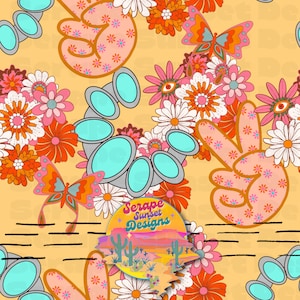 May include: A seamless pattern featuring peace signs, butterflies, and flowers in shades of pink, orange, and yellow on a light yellow background. The pattern also includes a logo for "Serape Sunset Designs" with a desert scene.