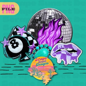 May include: A set of iron-on patches featuring a purple flame, a black and white 8-ball, a purple and white checkered lip, a turquoise stone, and a sunset scene with the text "Serape Sunset Designs".