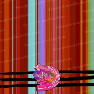 Op de afbeelding: Een naadloos patroon met een kleurrijke gestreepte achtergrond en een roze, groene en zwarte hartvormige pijl met de tekst "SERAPE Sunset Designs" en de woorden "Seamless Pattern" eronder.
