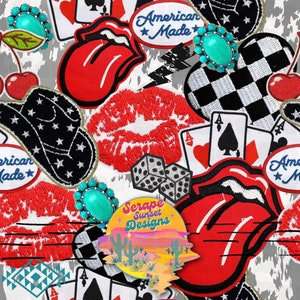 Puede incluir: Un patrón colorido y ecléctico con una variedad de parches, que incluyen una lengua roja, labios, un sombrero de vaquero, dados, cartas de juego y un patrón a cuadros. El texto "American Made" también está incluido en el diseño.