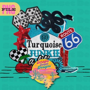 Puede incluir: Una colección de parches bordados coloridos que incluyen un parche azul turquesa con el texto "Turquoise Junkie", un parche de corazón a cuadros rojo y blanco, un parche de dados rojo y blanco, un parche de serpiente negra, un parche de estrella roja, un parche de cereza, un parche Route 66 azul y blanco, un parche de bota de vaquero azul y blanco y un parche de paisaje desértico con el texto "Serape Sunset Designs".