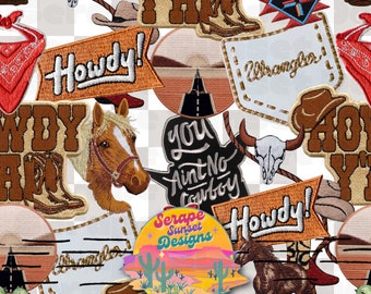 Trucker Patch Cowboy Tan Checkered Collage Seamless File - Pattern featuring Dice, ACE, Checkered, Cherries, Cowgirl Hat, Cowhide Repeating