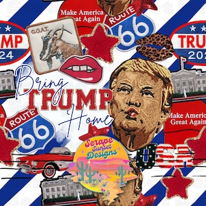 May include: A colorful collage of embroidered patches featuring a red, white, and blue American flag, a red star, a red Route 66 sign, a red, white, and blue "Trump" patch, a red, white, and blue "Make America Great Again" patch, a red, white, and blue "USA" patch, a red, white, and blue "Bring Trump Home" patch, a red, white, and blue "GOAT" patch, a red, white, and blue "Serape Sunset Designs" patch, and a red, white, and blue "Trump 202" patch.