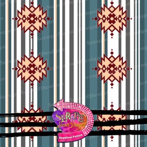 Op de afbeelding: Naadloze patroon met een herhalend ontwerp van rode, witte en blauwe strepen met een geometrisch patroon in het midden. Het patroon is omlijst door een zwarte lijn en de tekst "Serap Sunset Designs Seamless Pattern".