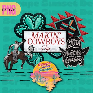 May include: A set of five embroidered iron-on patches with a western theme. The patches feature a cowboy riding a horse, a turquoise floral design, a black and white geometric design, a black and white design with the text "You Ain't No Cowboy", and a sunset scene with the text "Serape Sunset Designs".