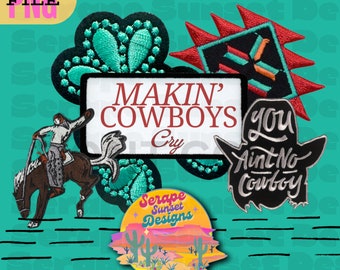May include: A set of five embroidered iron-on patches with a western theme. The patches feature a cowboy riding a horse, a turquoise floral design, a black and white geometric design, a black and white design with the text "You Ain't No Cowboy", and a sunset scene with the text "Serape Sunset Designs".