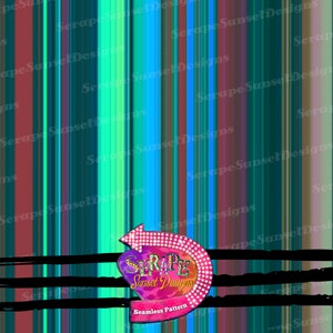 Op de afbeelding: Een naadloos patroon met een kleurrijke gestreepte achtergrond en een roze en paarse pijl met strass. De pijl wijst naar een roze hart met de tekst "SERAPE Sunset Designs" in wit. De tekst "Seamless Pattern" staat onder het hart.