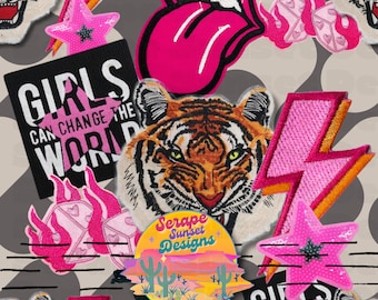 Trucker Patch Girl Boss Vibe Collage Seamless File - Pattern featuring Dice, Tiger, Pink, Funky Girly Boujee Repeating Pattern