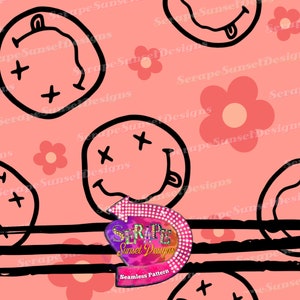 May include: A seamless pattern featuring a pink background with black and white smiley faces, black stripes, and pink flowers. The text "SERAPE Sunset Designs" is in a pink and white diamond pattern with a black arrow.