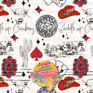 Cowboy Killer Seamless Pattern, Disco Ball, Ace Of Spades, Western Cards, Cowgirl Hat, Cactus, Sparkles, Red Squash Blossom, Cattle Scene